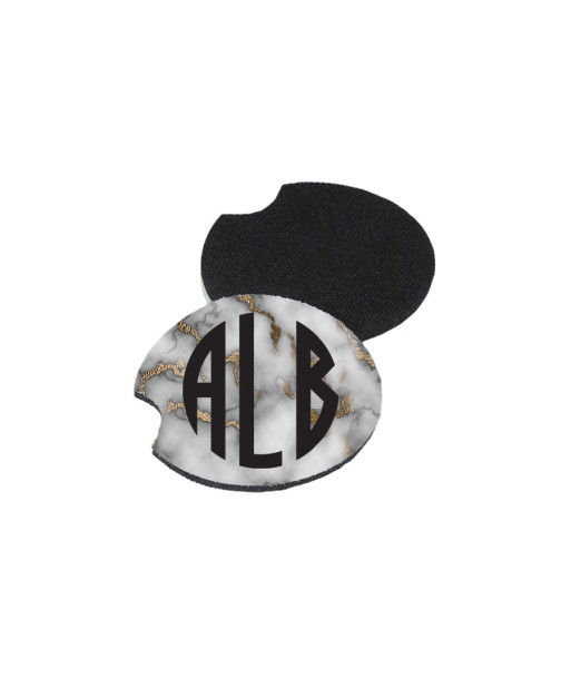car cup holder coasters with marble design and 3 letter personal monogram