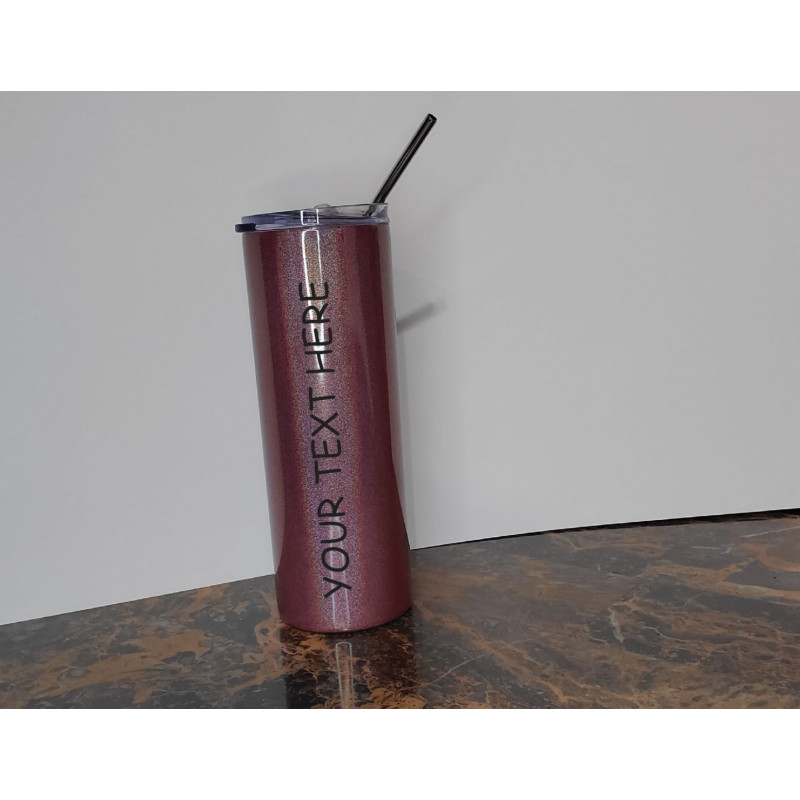 20 oz red sparkle skinny  tumbler showing generic text design