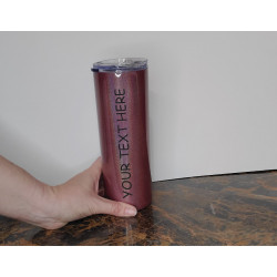 20 oz red sparkle skinny  tumbler showing generic text design held in hand