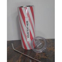20 oz skinny peppermint stick striped tumbler showing generic text design with lid and straw in front