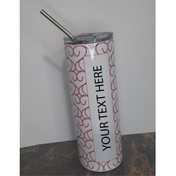 20 oz skinny hearts tumbler showing generic text design with lid and straw in