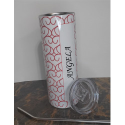 20 oz skinny hearts tumbler showing personalization with lid and straw in front