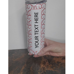 20 oz skinny hearts tumbler showing generic text design held by hand