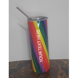20 oz skinny rainbow striped tumbler showing generic text design with lid and straw in