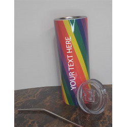 20 oz skinny rainbow striped tumbler showing generic text design with lid and straw in front