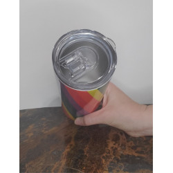 20 oz skinny rainbow striped tumbler showing generic text design showing lid and inside