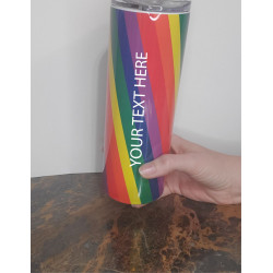 20 oz skinny rainbow striped tumbler showing generic text design being held by hand