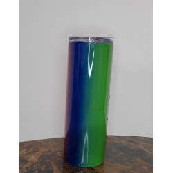20 oz skinny rainbow tumbler showing blue to green side of the design