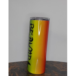 20 oz skinny rainbow tumbler showing red to yellow side of the design