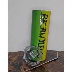 20 oz skinny rainbow tumbler showing yellow to green side of the design with lid and straw in front