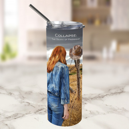 20 oz travel tumbler with front of authors book cover