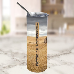 20 oz travel tumbler with back of authors book cover