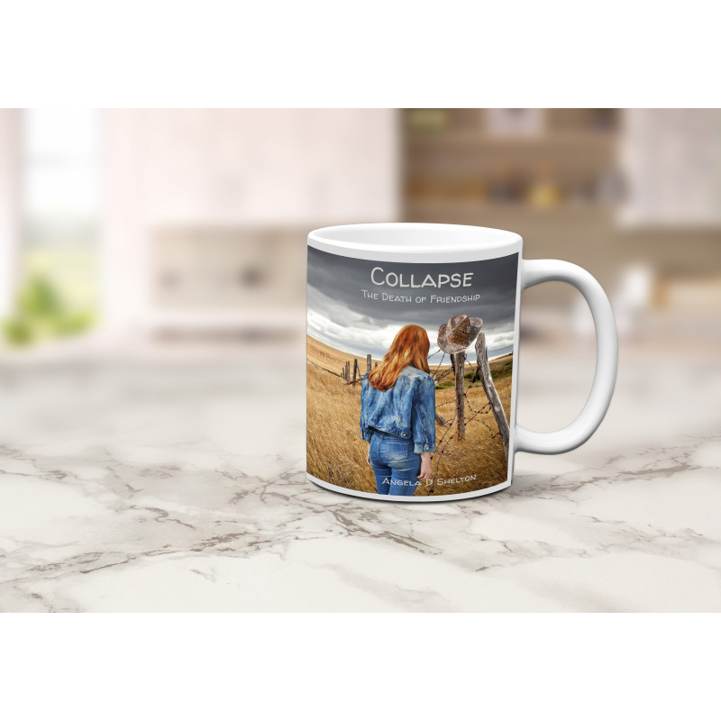 12 oz mug with front of authors book cover